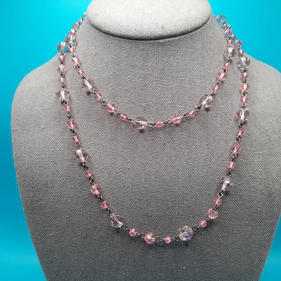 Vintage Pink Crystal Bead Wire Wrapped Necklace, Pink Beads, 34 Inches - Picture 1 of 10